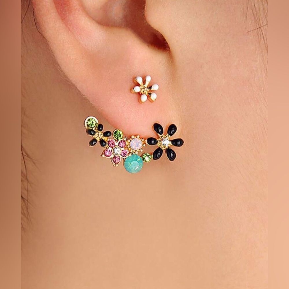 Anthropologie Floral Multicolor Crystal Ear Crawler Earrings